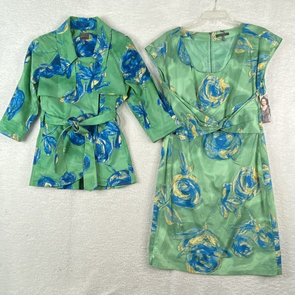 Kristin Davis Dress Jacket Set Women 6/Small Green Blue‎ Floral Y2K Retro Artsy